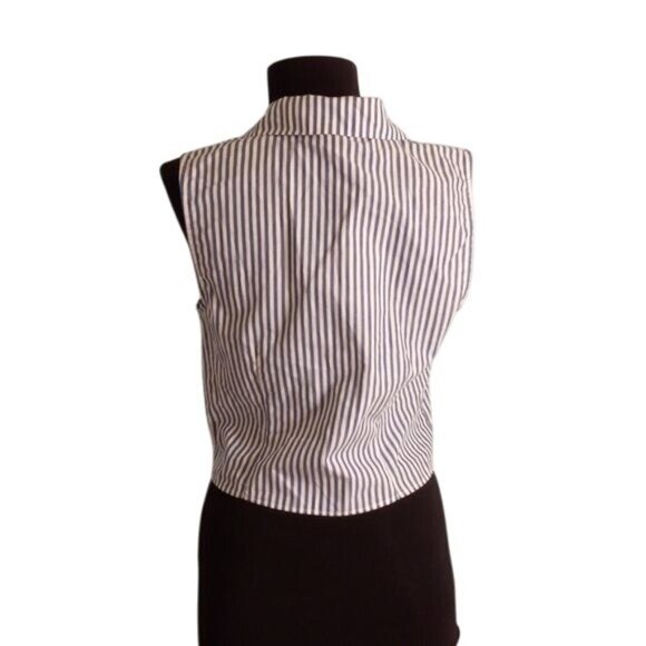 ModCloth M Top Crop Sleeveless Blue White Striped Button Up Tie Front Shirt NEW - Picture 5 of 11